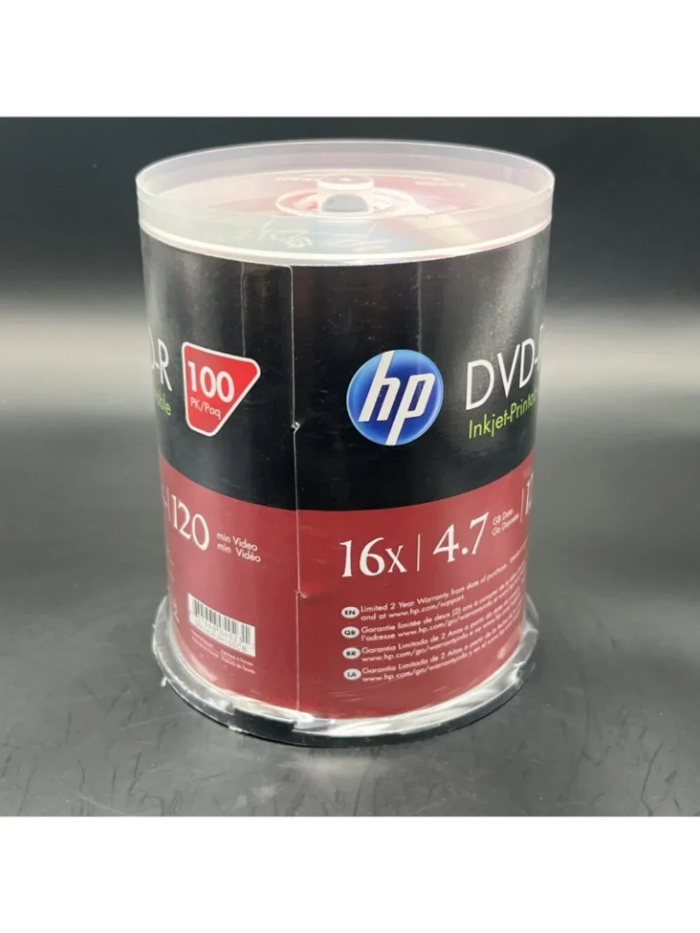 100 HP DVD-R DVD 16X Blank 4.7GB White Inkjet Printable Disc Spindle Cake Box